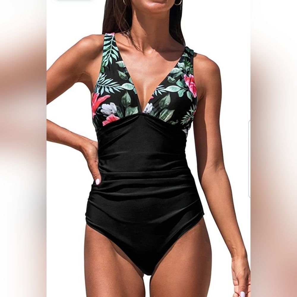 Cupshe Black & Floral Plunge Front Crisscross Back Sexy 1pc. Swimsuit Sz. S NWT